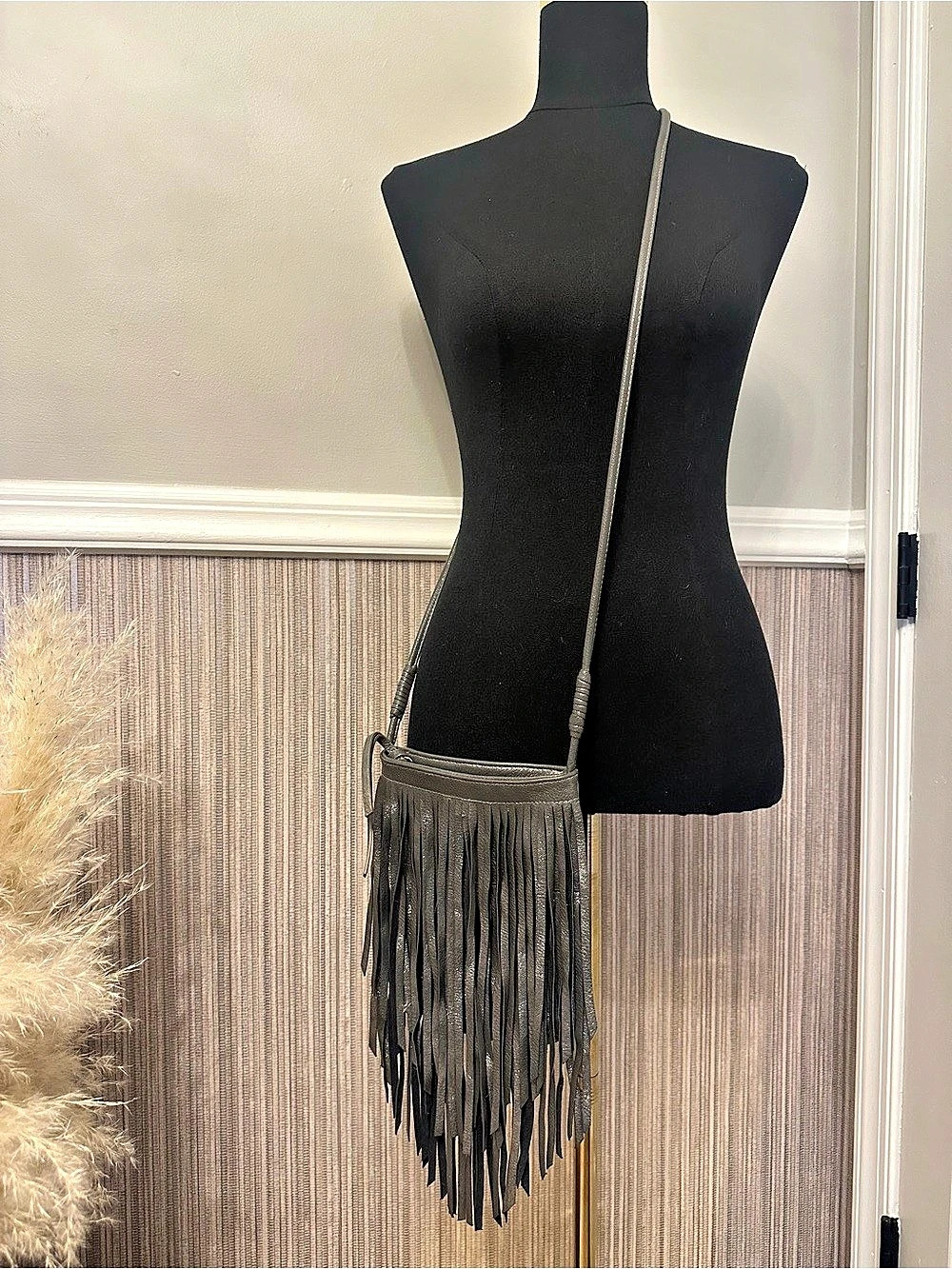 Twig & Arrow Metallic Gunmetal Fringe Crossbody Bag Boho Western